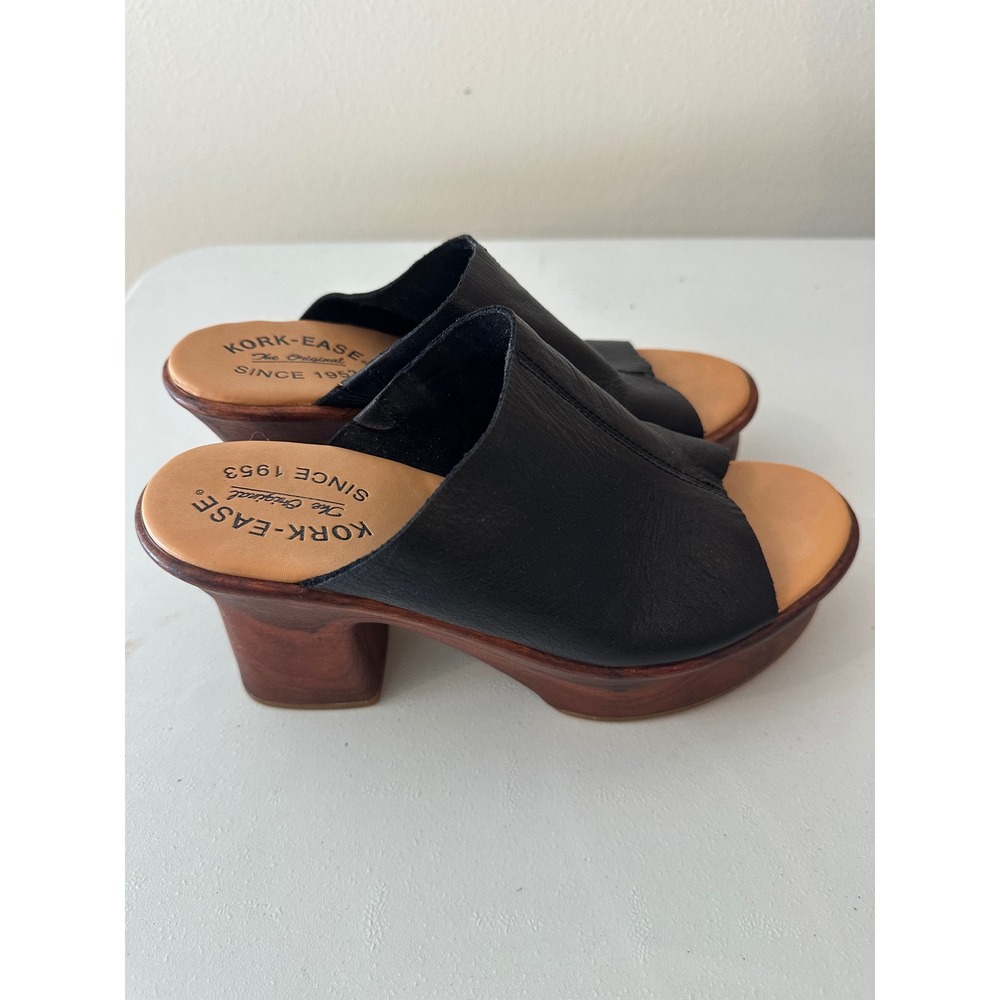 Kork-Ease Black Leather Platform Slide Sandals Wood Block Heel Mules Women 6M